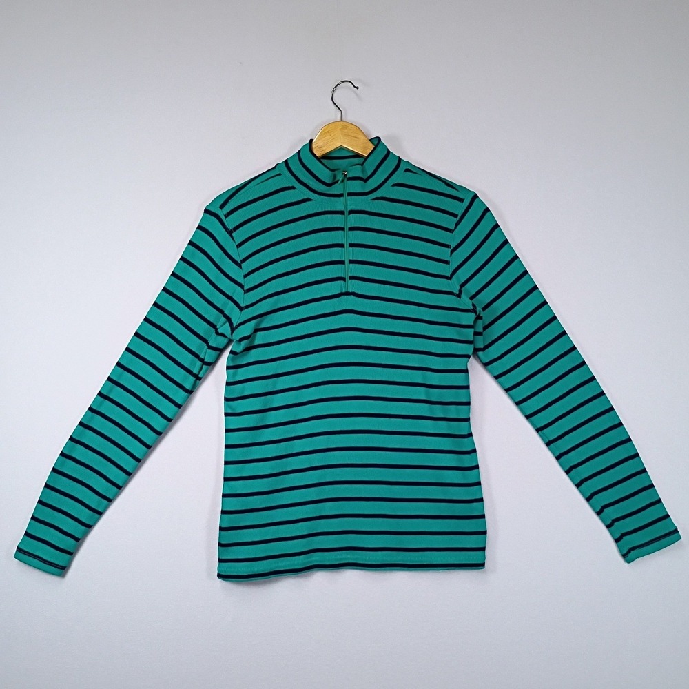 Coastal Preppy LL Bean Womens Medium Green Navy Striped Quarter Zip Ribbed Top